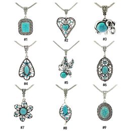 Vintage Turquoise Necklaces Square Elephant Heart Leaves flower Natural stone Pendant Long chains For women Fashion Jewelry Gift