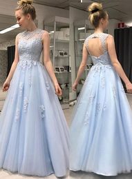 2020 Open Back Prom Dresses Evening Gowns Long Sheer High Jewel Cap Sleeve Lace Applique Light Blue Bridesmaids Dress Long Formal Gown Party