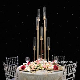 8 Heads 47inches Tall Gold Metal Candle Holder with acrylic lampshade for Wedding Decoration Table Centerpiece Candelabra senyu0196