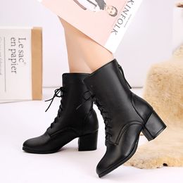 Hot Sale-Flock Western Style Women Shoes Winter Ankle Boots Pointed Toe Platform Zipper Square Med Heel Boot
