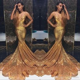 Amazing Gold Sparkling Sequins Prom Dresses Sexy Deep V Neck Beaded Stones Backless Sweep Train Mermaid Party Evening Gowns Plus Size