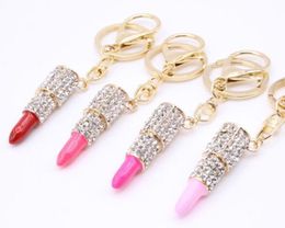 New Lipstick key chain lovely party gift for women girls Fashion Jewellery metal crystal lipstick keychains bag car accessories key