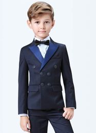 Stylish Popular Double-Breasted Peak Lapel Kid Complete Designer Handsome Boy Wedding Suit Boys Attire Custom-made (Jacket+Pants+Bow+Vest)