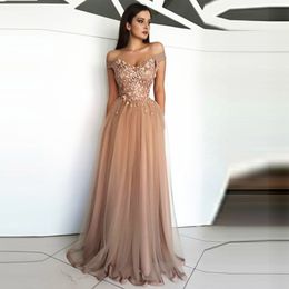 Off The Shoulder Saudi Arabic Muslim Champagne Evening Dresses A Line Long Tulle Evening Dress Formal Party Gown