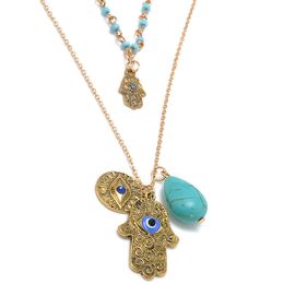 Vintage Bohemia Double Layer Bead Necklace Chain Turkey Blue Evil Eye With Hamsa Hand Fatima Palm Necklace For Women