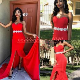 Modern Beaded Sash Prom Dresses Mermaid Sweetheart Split African Juniors Pageant Robe De Soiree Evening Gowns Celebrity Special Occasion