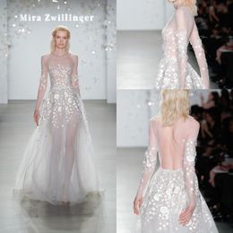 Modest Mira Zwillinger A Line Wedding Dresses Jewel Neck Long Sleeve Applique Crystal Wedding Gown Sweep Train robe de mariée