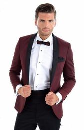 New Classic Design Groom Tuxedos Groomsmen One Button Burgundy Shawl Lapel Best Man Suit Wedding Men's Blazer Suits (Jacket+Pants+Tie) 1250