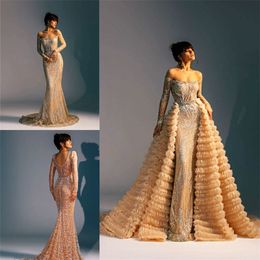 Luxury Mermaid Wedding Dresses With Detachable Tiered Train Bateau Long Sleeve Appliqued Beaded Bridal Gown Sweep Train Robes De Mariée