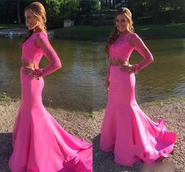 New Two Pieces Prom Dresses Long Sleeves Pink Lace Appliques Beaded Mermaid Formal Party Dress Sweep Train Pageant Formal Evening Gowns