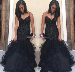 New African Black Girls Prom Dresses 2019 Spaghetti straps sequined bodice Lace Mermaid Ruffles Floor Length Formal Evening Party Gowns