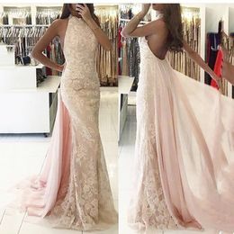Baby Pink Chiffon Lace Prom Dress Sheath Sheer Halter Open Back Event Wear for Prom Lady Evening Maxi Gown Sexual Girl Graduation Dresses