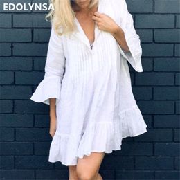 Women Swimsuit Cover Ups Mandarin Sleeve Kaftan Beach Tunic Dress Robe De Plage Solid White Cotton Pareo Beach Cover Up Q606 Y190727
