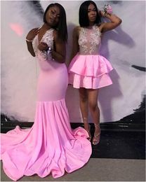 Pink Prom Dresses New Mermaid Beading Lace Open Back Formal Evening Dress Short Piece Illusion Party Gowns Custom Made308y