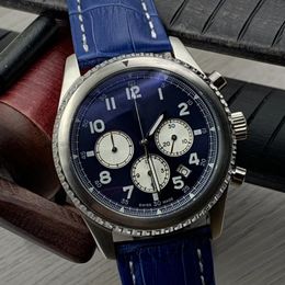 часы аллигатора Скидка Limited Edition Aviator 8 B01 Кварцевые хронографы Мужские часы 46 мм Серебряный чехол Синий циферблат светлые наручные часы с синим ремешком аллигатора
