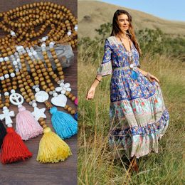 Colorful Tassel Wood Bead Woven Vintage Ethnic Bohemian Boho Necklace Handmade Heart Star Nature Stone Long Sweater Necklace gift