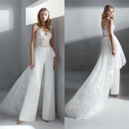 2020 White Jumpsuits Wedding Dresses With Overskirts V Neck Backless Bridal Gowns Sweep Train Lace Boho Wedding Dress Custom Made