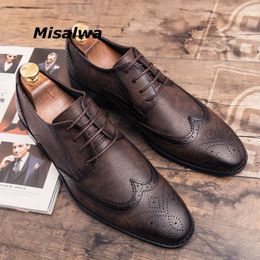 Misalwa Plus Size Black Dress Shoes For Men British Designer Leather Men Brogue Elegant Shoes Comfort Pointed Toe Wedding Flats