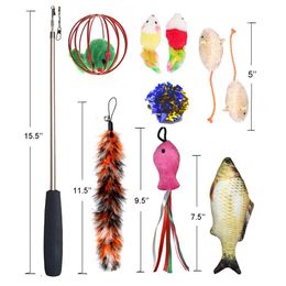 Teaser Cat Catcher Retractable Fishing Pole Wand Rod Feather Toy Great For Kitten Dog Exercising Random Color