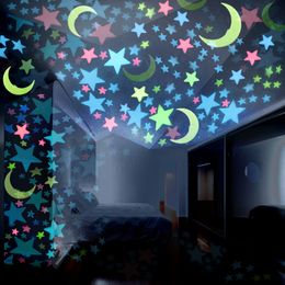 Glow In The Dark Wall Stickers 3D Noctilucent Stars Moon Stickers Luminous DIY Bedroom Wall Kids Room Decor 100pcs/Set C5637