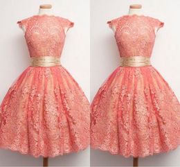 Sweet Coral Full Lace Short Prom Dresses High Collar Cap Sleeve Gold Ribbon Cupcake Cocktail Party Dress Girls Evening Dress Formal Gowns