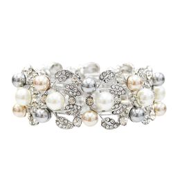 Bridal Wedding Cuff Bangles Armband Jewelry Crystal Rhinestone Pearl Leaf Stretch Charm Bracelet Silver Pearl for Women Gifts