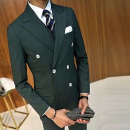 Side Slit Double Breasted Olive Green Wedding Groom Tuxedos Peak Lapel Groomsmen Men Suits Prom Blazer (Jacket+Pants+Vest+Tie) NO:1940