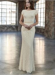 2019 New Mermaid Cream Lace Long Modest Bridesmaid Dresses With Cap Sleeves Floor Length Women Formal Modest Bridesmaid Gowns Beaded Waist