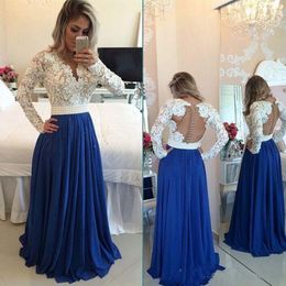 Ivory and Blue Prom Dresses Long Sleeve Lace Appliques V Neck Pearls Floor Length Formal Women Party Dress For Gala Evening Wear