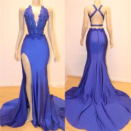 Navy Blue Mermaid Long Prom Dresses V Neck Applique Sequins Split Evening Gowns Criss Cross Backless Formal Party Dress BC1153267P