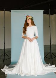 2020 Simple A-line Satin Modest Wedding Dresses With 3/4 Sleeves Lace-Up Back Jewel Neck Belt LDS Bridal Gowns Sleeved Custom Made