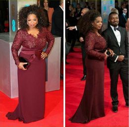 2018 Oprah Winfrey Burgundy Long Sleeves Lace Top Modest Mother of the Bride Evening Dresses Custom Plus Size Celebrity Red Carpet300L