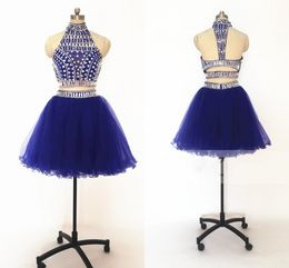 High Neck Crystals Homecoming Dresses Prom Mini Dress 2020 Two Piece Piping Tulle Cocktail Graduation Party Dress Gowns