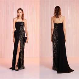 Sexy High-split Black Evening Dresses Appliqued Strapless Sleeveless Ruched Satin Prom Dress Sweep Train Custom Made Long Party Gown
