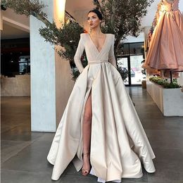 Simple Fashionable Deep V Neck A Line Lady Evening Gowns With Long Sleeve Pockets Side Split Formal Dresses Modest