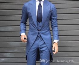 Latest Design One Button Blue Groom Tuxedos Peak Lapel Groomsmen Mens Wedding Party Suits 3 Pieces Blazer (Jacket+Pants+Vest+Tie) K36