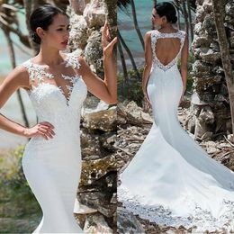 New Arrival Hot Mermaid Wedding Dresses Sleeveless Lace Appliques Illusion Neck Plus Size Satin Court Train Custom Formal Bridal Gowns