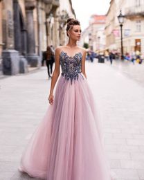 2019 A Line Pink Tulle Beaded Sheer A Line Formal Evening Dresses Gowns Berta Saudi Arabia yousef aljasmi dresses Party Prom