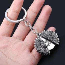 Vintage Sunflower Locket Pendant Keychain Bohemia Open Engrave Letter Key Chain Lover Gift
