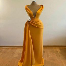 Orange Deep V Neck Prom Dresses Simple Ruffles Floor Length Evening Gowns Plus Size Women Formal Wear Cheap