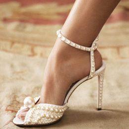 pearls white women wedding dress sandals high heeled fashion design straps female party prom sandals summer ladies sandals zapatos mujers