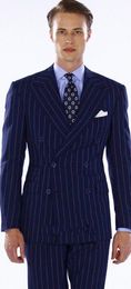 Strips Groom Tuxedos Navy Blue Men Wedding Tuxedos Double-Breasted Jacket Blazer Fashion Men Dinner/Darty Suit(Jacket+Pants+Tie) 1168