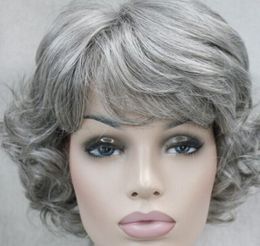 WIG Grayish-white Short women elderly Ladies Daily Fluffy Synthetic Wig