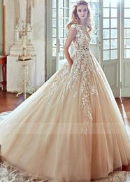 Wonderful Champagne Tulle Wedding Dress Scoop Neck Lace Appliques Bridal Gown Back Button with Belt Vestidos de Novia 2020 Wedding Gowns