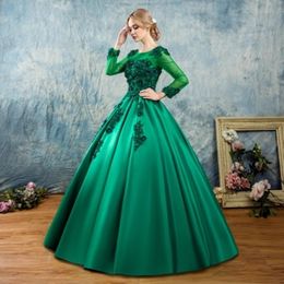 2018 New Green Satin Long Sleeve Appliques Ball Gown Quinceanera Dresses Beading Lace-Up Sweet 16 Dresses Debutante 15 Year Party Dress BQ82