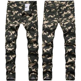 Mens Jeans Multi Pocket Camouflage Pants Stretch Slim Tide Army Green Fashion