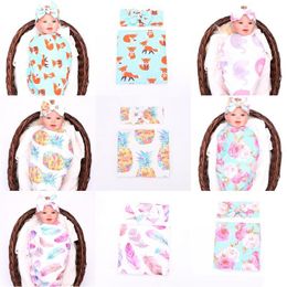 Kids Cotton Floral Blankets+Headband 2pcs/set Infant Elephant Pineapple Feather Fox Flower Printed Swaddles Baby Bed Sheet Sleeping Bag