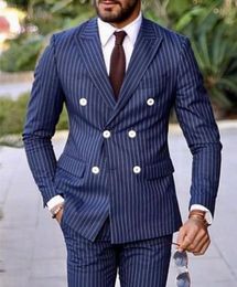 Fashion Blue Stripe Groom Tuxedos Double-Breasted Men Wedding Tuxedos Men Jacket Blazer Excellent 3 Piece Suit(Jacket+Pants+Tie+Vest) 1532