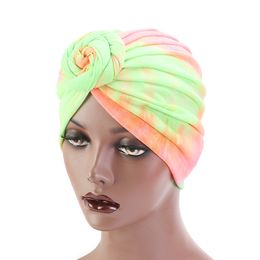 New Women Twist Knot India Hat Knotted Turban Tie-Dye Colour Stretchy Headwear Colourful Hair Loss Cap Chemo Hat Hair Accessories