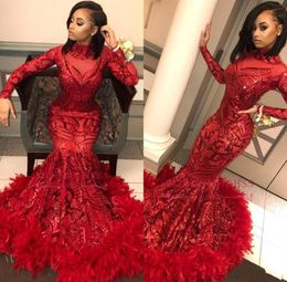 Vintage Red Long Sleeve Mermaid Prom Dresses High Neck Sequined Lace Appliques Feather Bottom Evening Party Gowns BC1327